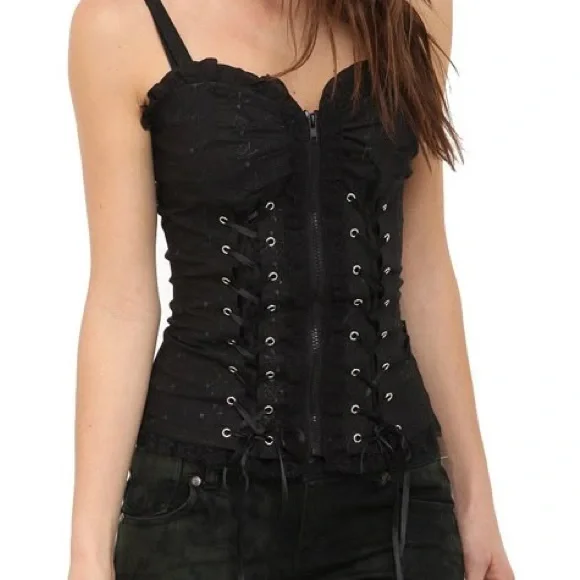 Tripp NYC SKULL EMBROIDERY CORSET Sz Med Black Lace Top Flaw - Picture 2 of 8